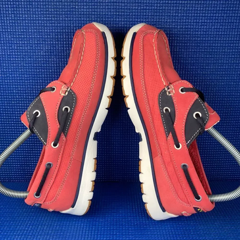 🔴 L.L. BEAN LEATHER BOAT Women`s Size 7.5 Red Salmon Navy Blue Comfort Shoes